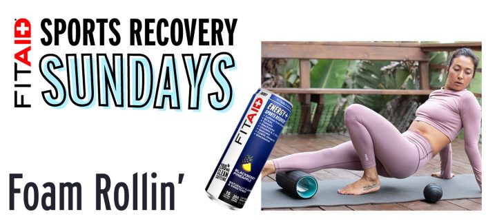 woman relaxes and foam rollers leg with FITAID Energy